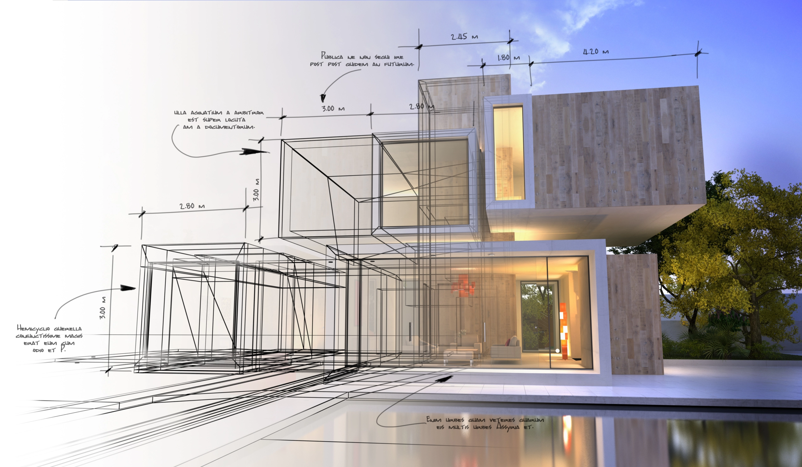 Architekten Skizze wandelt sich zum realen 3D Haus
